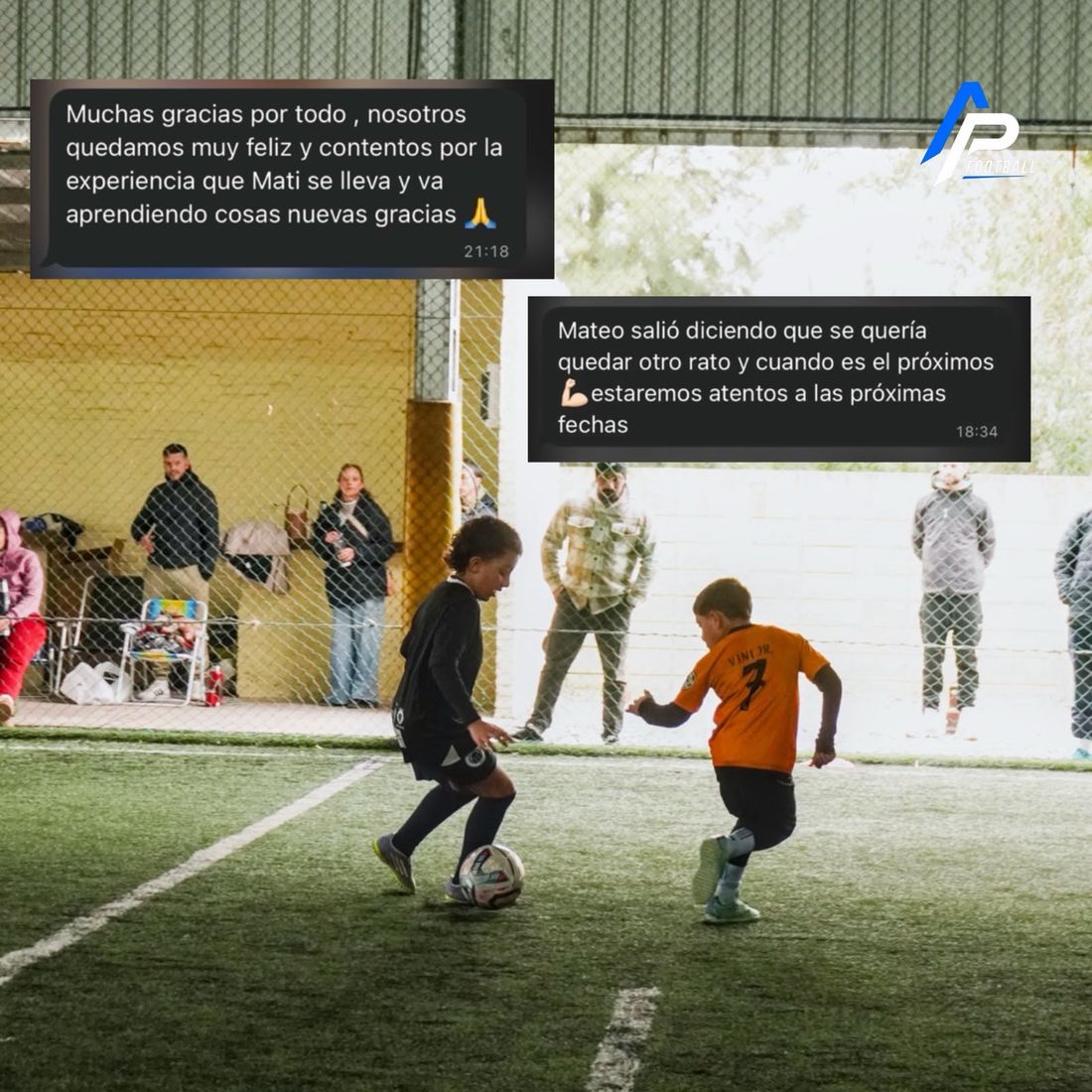 Mensaje de una familia contando que su hijo quería quedarse más, sobre foto de un 1 vs 1